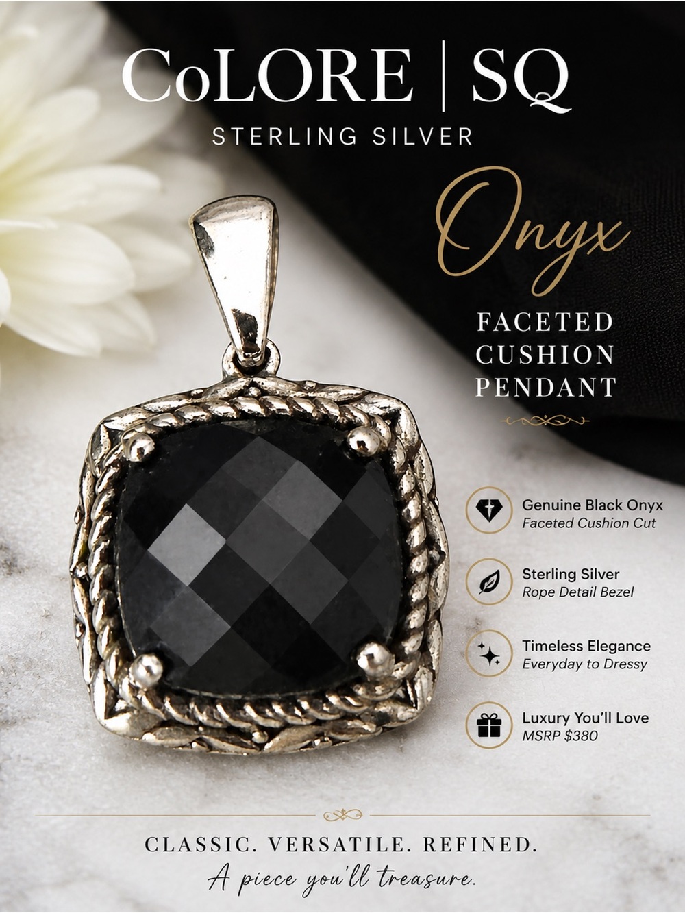 CoLORE | SQ Sterling Silver Onyx Faceted Cushion Pendant in Gift Box